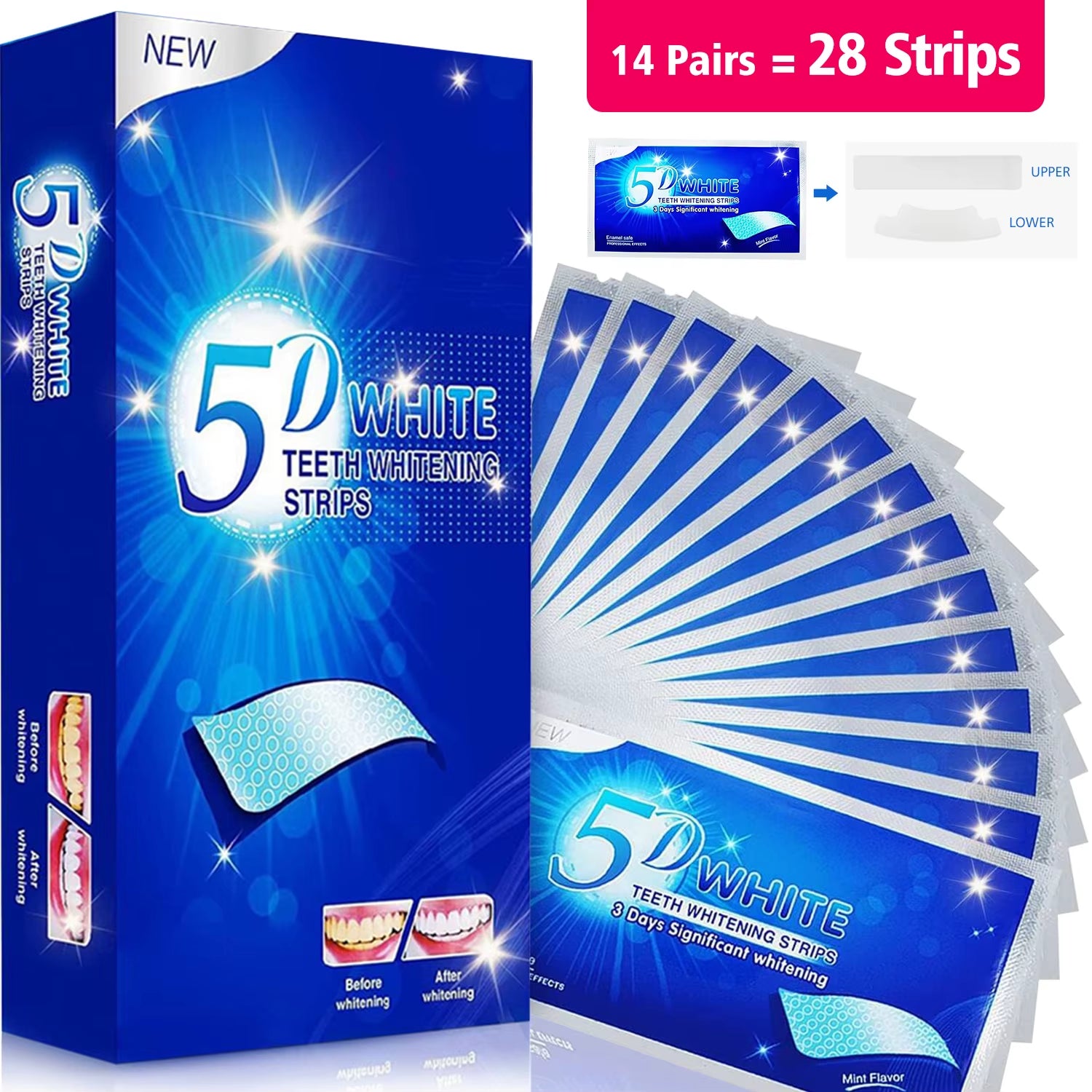 7/14/28 Pairs Teeth Brightening Strips for Teeth, 5D/9D Whitener Strips Reduced Sensitivity White Strips for Teeth Whitening