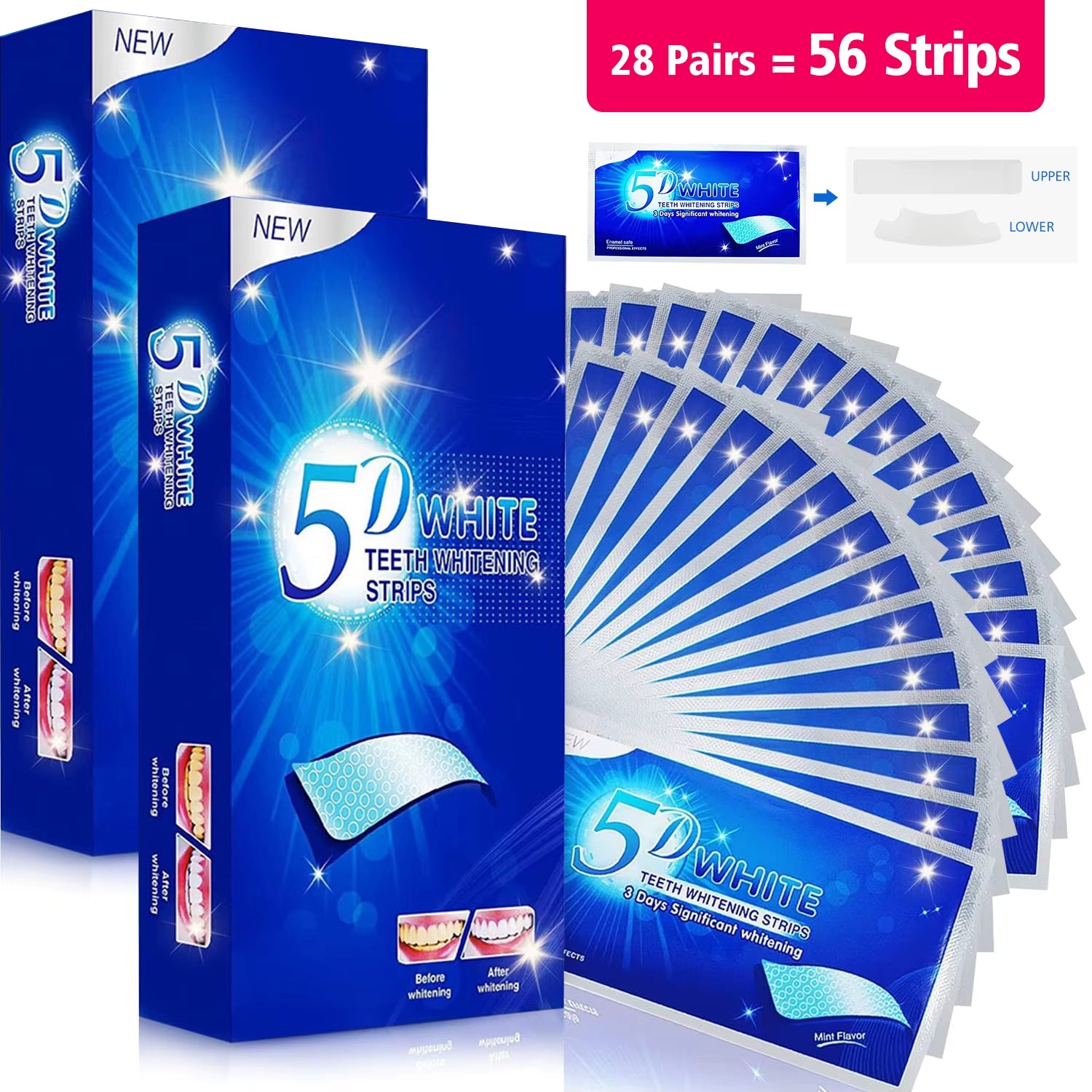 7/14/28 Pairs Teeth Brightening Strips for Teeth, 5D/9D Whitener Strips Reduced Sensitivity White Strips for Teeth Whitening